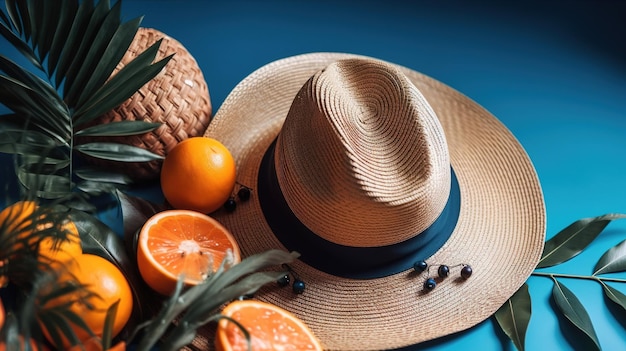 A hat and fruit are on a blue background