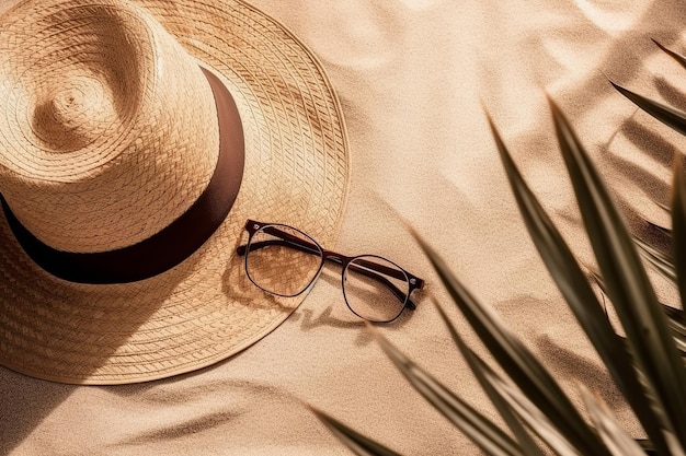 空のスペースの写真と砂のビーチ旅行休暇の概念に帽子メガネとヤシの葉