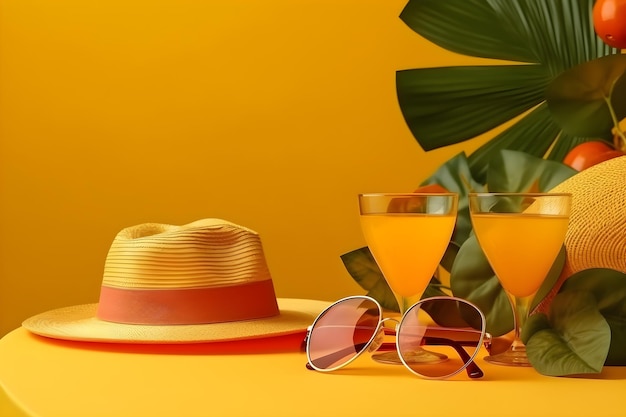 A hat and glasses with orange juice on a yellow background