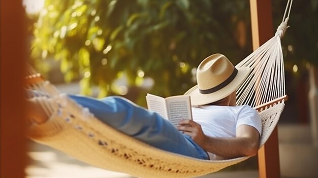 Photo hat hammock and happiness a day of serene leisure with a good read generative ai