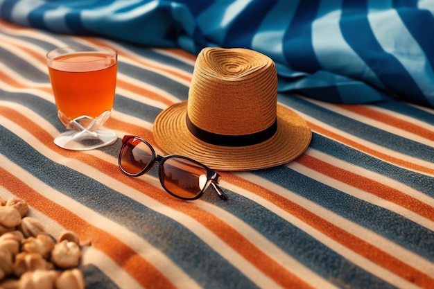 A hat a hat and a towel with a drink on it sit on a beach towel