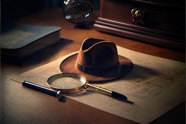 Photo a hat is on a book with a magnifying glass.