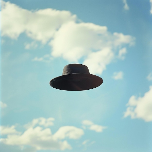 a hat is flying through the sky with clouds in the background