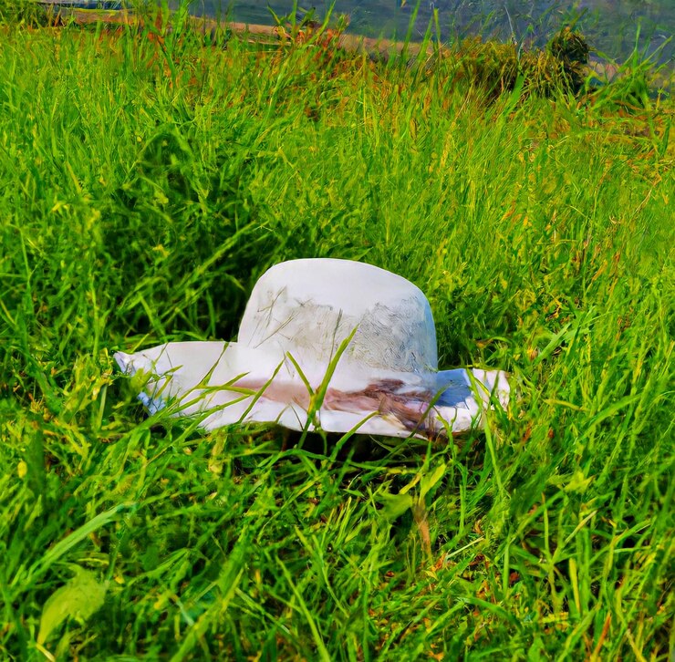 A hat is in the grass and the sun is laying on the ground.
