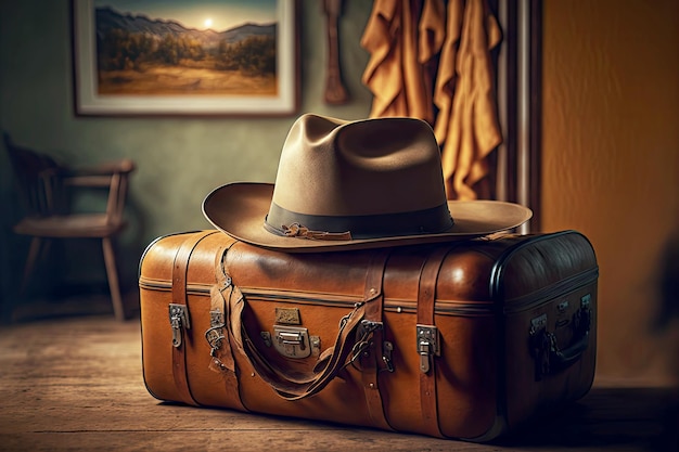 Hat on large leather comfortable travel suitcase in room