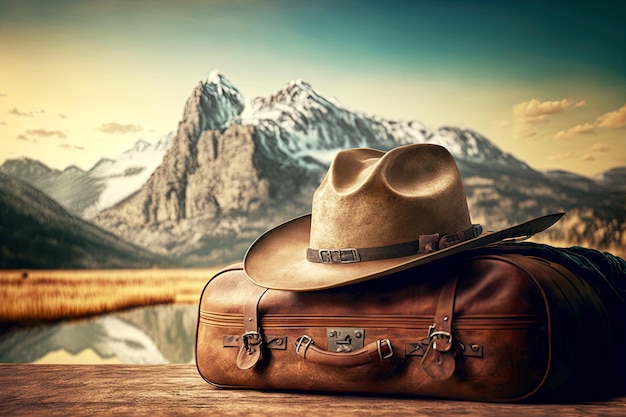 Hat lying on leather travel suitcase on background of mountains