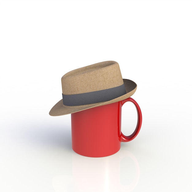 Hat on red coffee cup on white