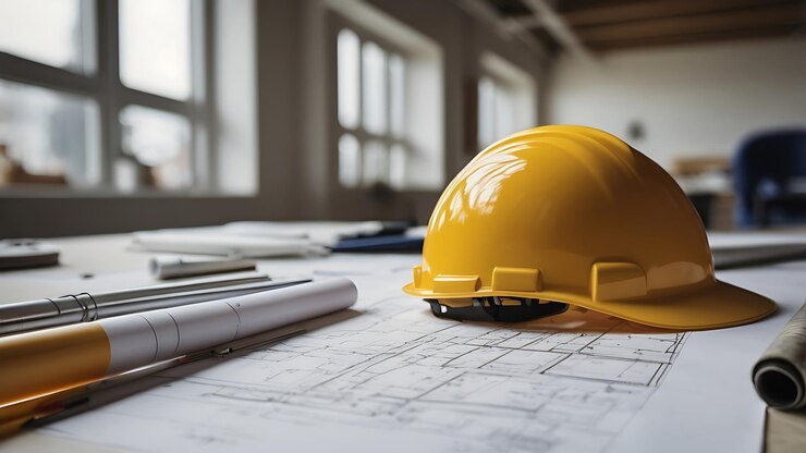 Photo a hat rests atop a set of architectural blueprints