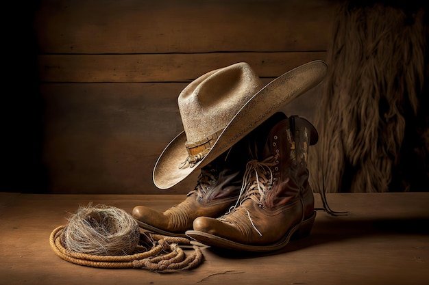 Photo hat and rope next to old cowboy boots in barn