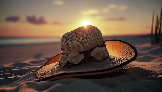 Hat on sand beach with sunset