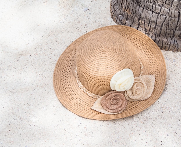 Cappello sulla spiaggia di sabbia con albero di cocco.