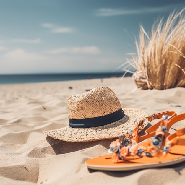 A hat and sandals on a beach with the sun in the background