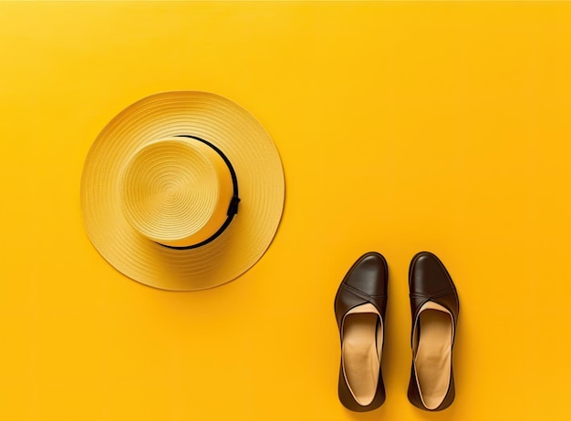 A hat and shoes are on a yellow background with a hat and a pair of brown flats