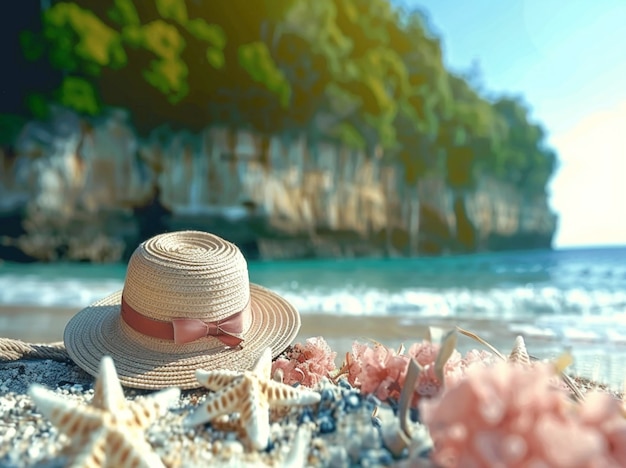 a hat sits on a beach with a hat on it