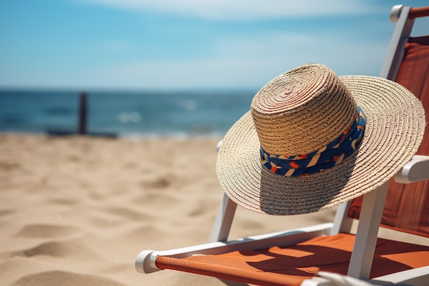 A hat sits on a chair on the beach of a resort