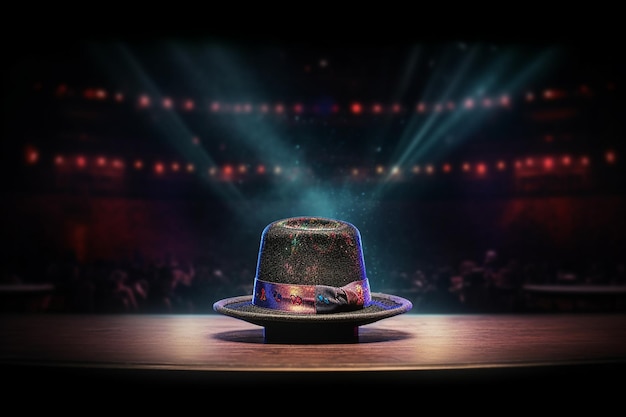 青い背景とライトを背景にしたステージ上の帽子。