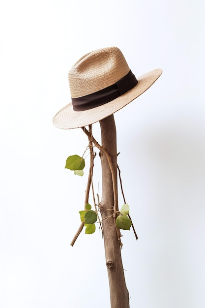 A hat on a stick is hanging from a tree branch.