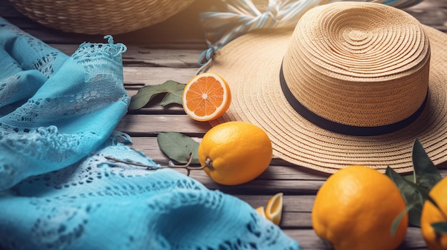 A hat and a straw hat are on a wooden table with a blue scarf and oranges.