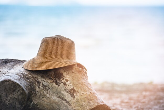 Hat summer / Straw hat fashion on log at beach sea 