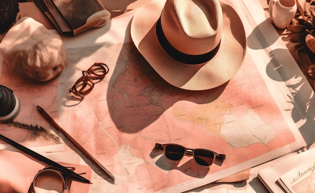 Hat and sunglasses along with a map passport and luggage