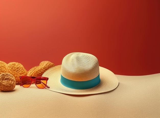 A hat and sunglasses are on a bed with a red background.