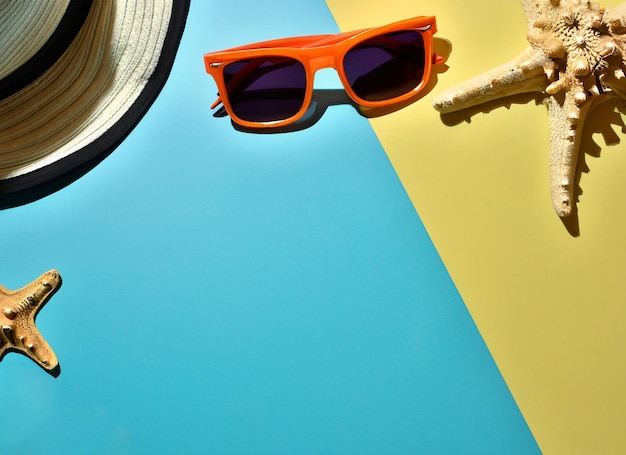 A hat and sunglasses are on a blue and yellow background.