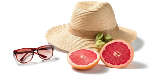 Photo a hat and sunglasses are next to a grapefruit