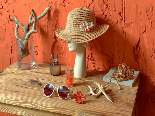 a hat and sunglasses are on a table with a hat and sunglasses