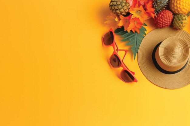 A hat and sunglasses are on a yellow background with a yellow background