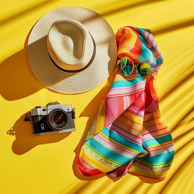 Photo a hat and sunglasses are on a yellow background