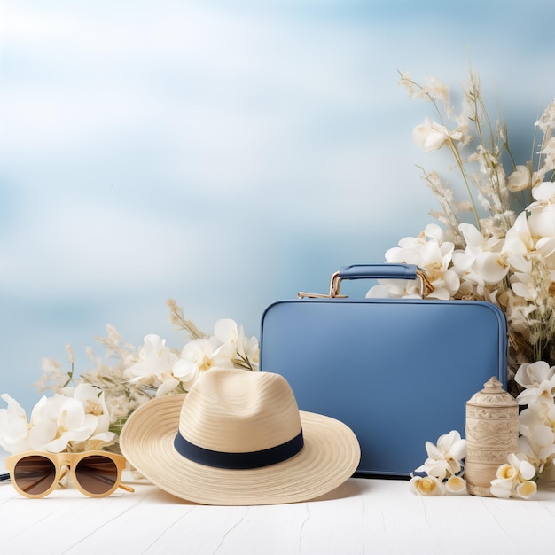 여행 디자인에서 부드러운 파란색 배경에 모자와 선글라스 및 가방