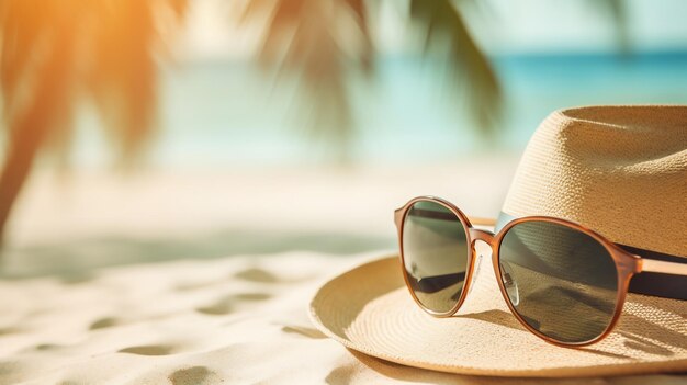 Foto cappello e occhiali da sole sulla spiaggia da vicino accessori estivi ai generati