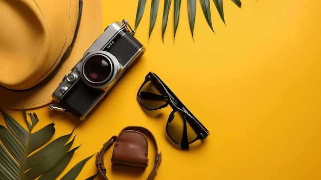 A hat, sunglasses, a camera, and a hat are on a yellow background.