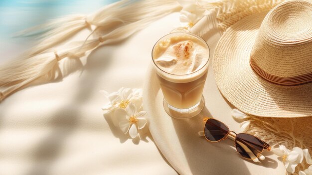 A hat sunglasses and a drink on a beach towel