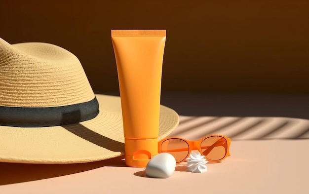 A hat, sunglasses, and a hat are on a table.