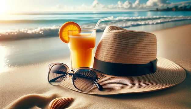 Hat Sunglasses and Juice on the Seashore