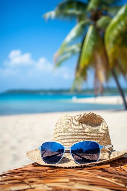 Foto un cappello, occhiali da sole e una palma su una spiaggia