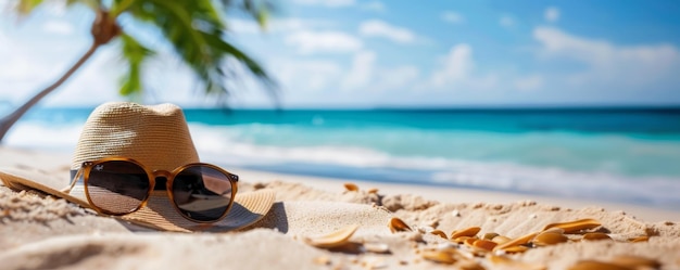 Photo hat and sunglasses resting on sandy beach