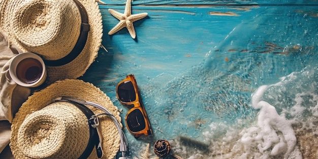 Hat and sunglasses on sand beach summer travel happy holiday summer holidays concept hat and sea on