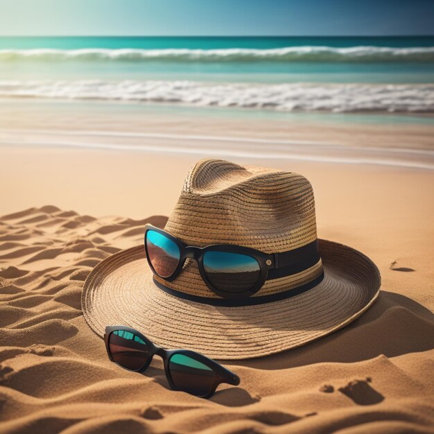 Шапка и солнцезащитные очки на песчаном пляже Летнее путешествие Счастливого отдыха Летние каникулы Концепция шляпы и моря