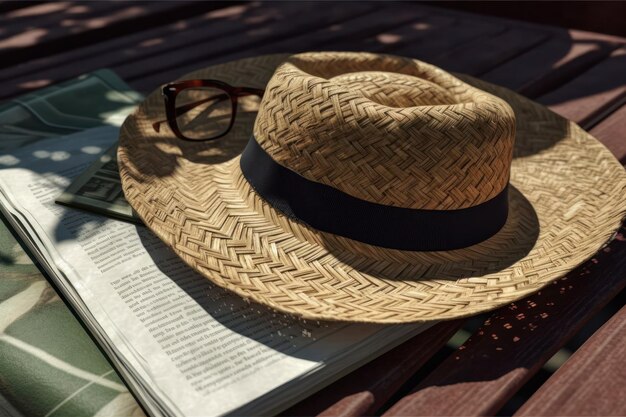 帽子とサングラスが本の隣のテーブルに置かれています。