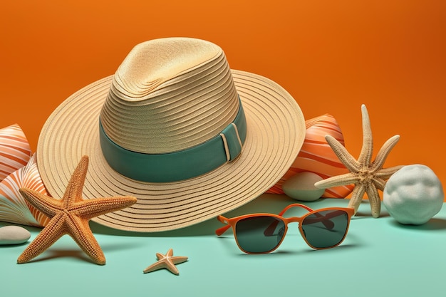 A hat and sunglasses on a table with a starfish on the bottom