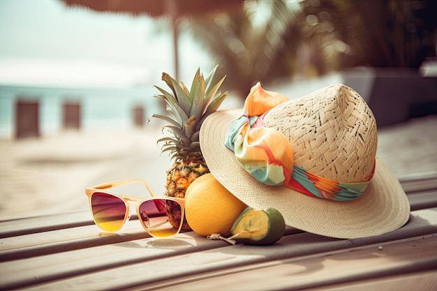 A hat and sunglasses on a table with a tropical beach scene.