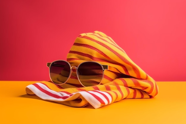 A hat sunglasses and towel for vacation background