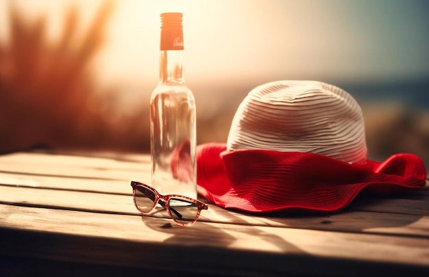 Hat sunglasses towels and a bottle on a wooden table on a beach