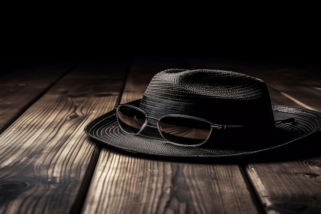 A hat and sunglasses on a wooden floor.