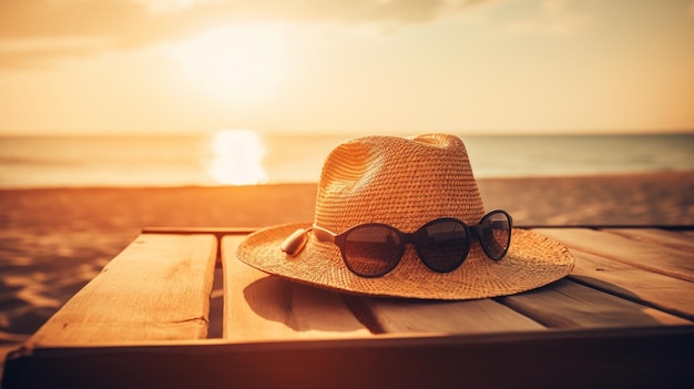 A hat and sunglasses on a wooden table on a beach