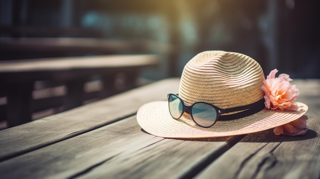 A hat and sunglasses on a wooden table