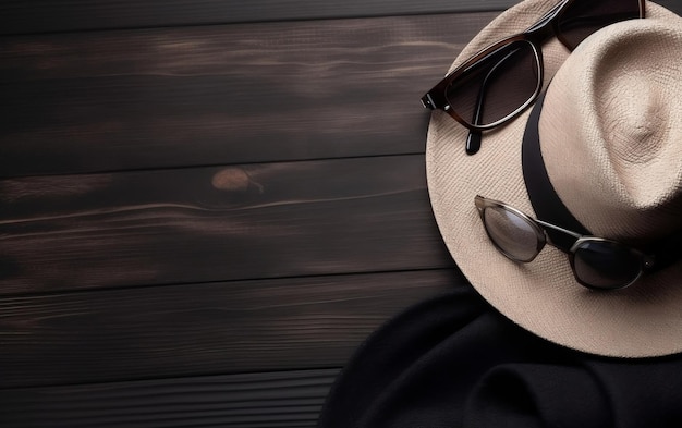 A hat and sunglasses on a wooden table