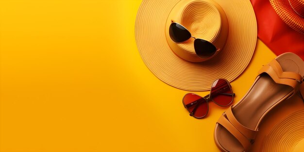 Hat and sunglasses on yellow background with copyspace generative ai